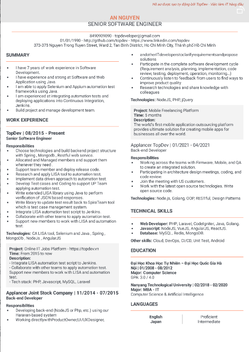 Mẫu CV IT tiếng Anh hấp dẫn nhà tuyển dụng | TopDev
