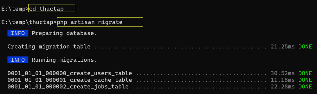 Chạy migration để tạo các table cơ bản cho laravel