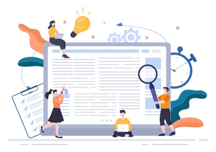 Content Writer or Journalist Background Vector Illustration For Copy Writing, Research, Development Idea and Novel or Book Script in Flat Style